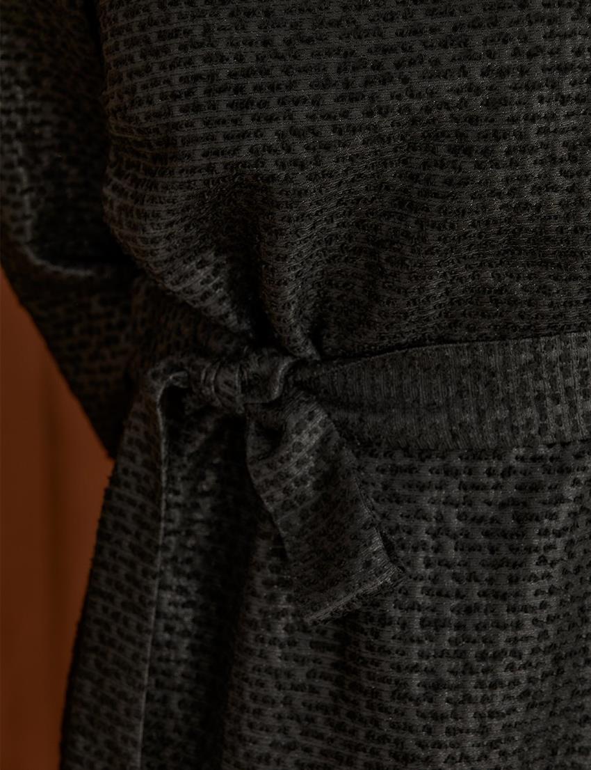 Kuşaklı Siyah Tüvit Elbise