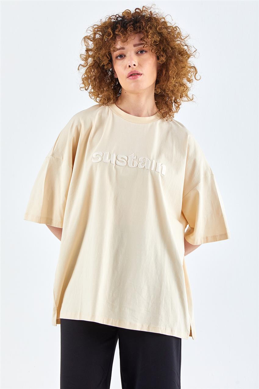 Yazı İşlemeli Krem Oversize T-Shirt