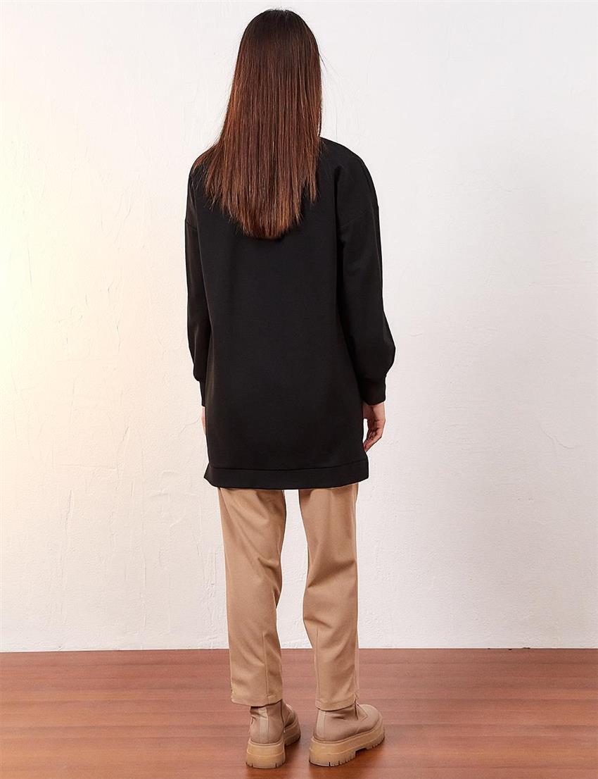 İplik Tasarımlı Siyah Sweatshirt
