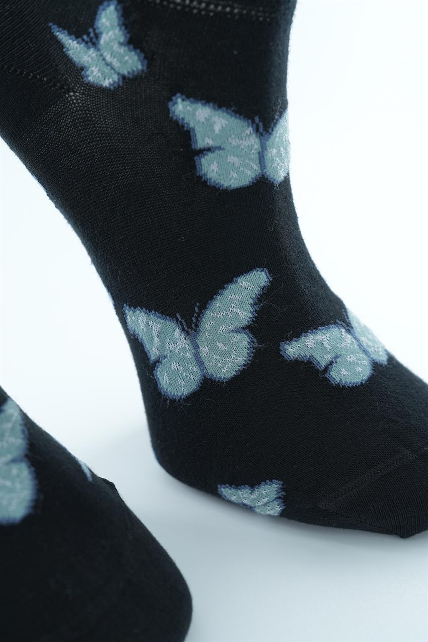 Kelebek Desenli Babet Çorap-Siyah 9224-01