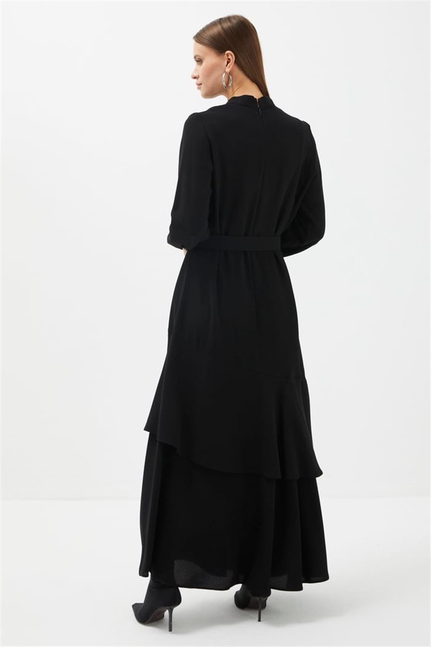 Kurdela Yaka Fırfır Detaylı Uzun Siyah Abiye Elbise