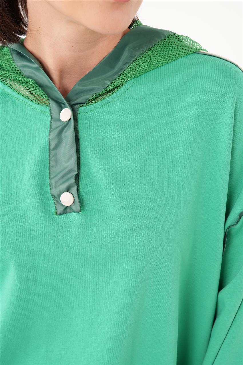 File Kapüşonlu Krem-Yeşil Sweatshirt