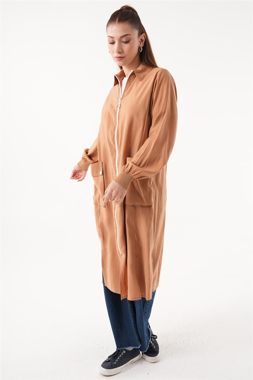Gömlek Yaka Fermuarlı Camel Giy-Çık