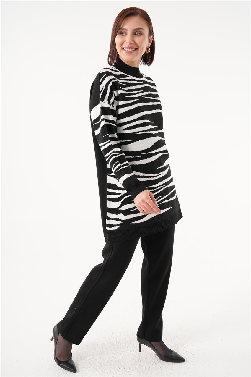 Zebra Çizgili Triko Tunik-Pantolon Siyah-Beyaz İkili Takım 