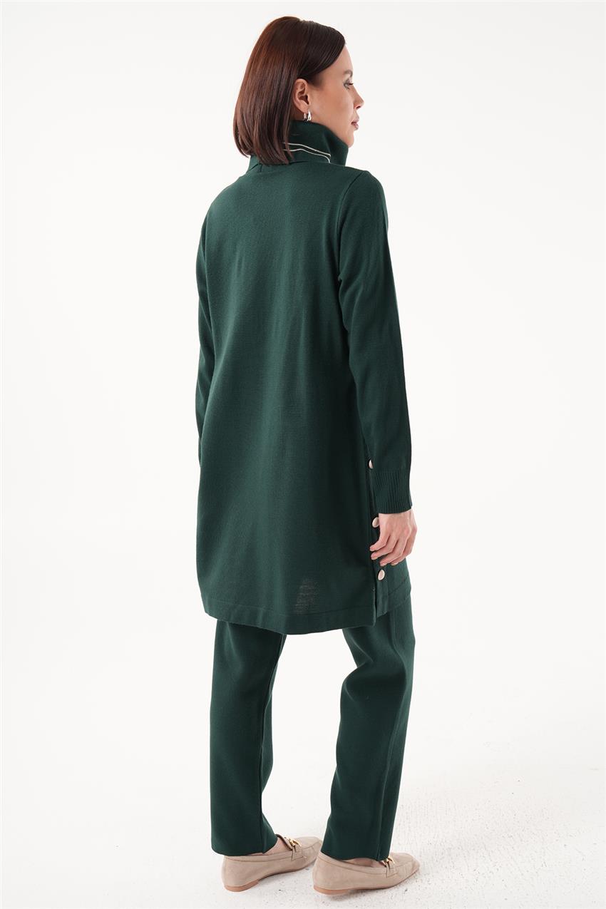 Yandan Düğmeli Boğazlı Tunik- Pantolon Yeşil İkili Takım 