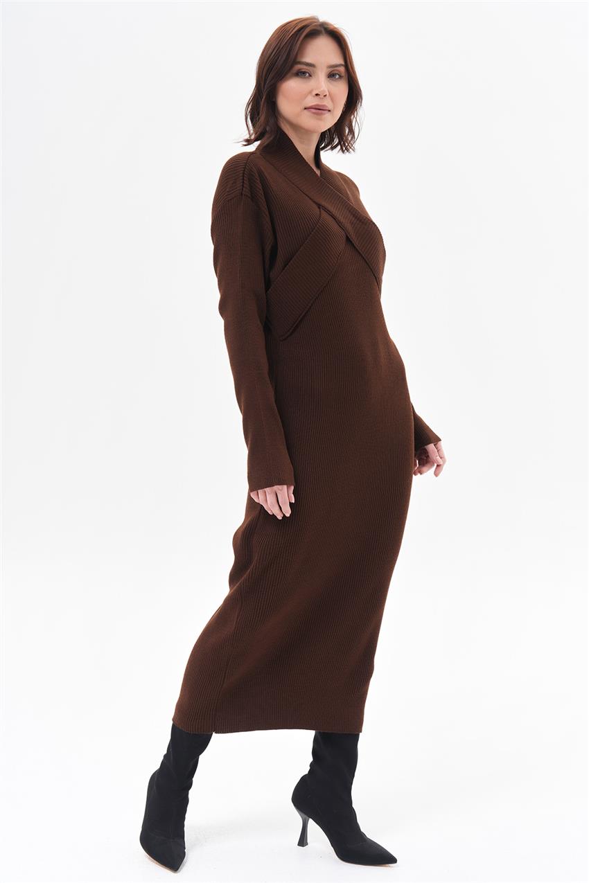 Kruvaze Detaylı Koyu Kahverengi Triko Elbise
