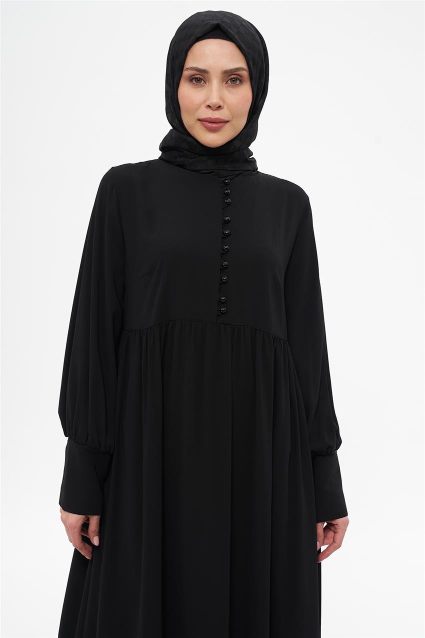 Elbise Yakası Ve Kolu İnci Düğmeli Beli Büzgülü-Siyah 330092-R236