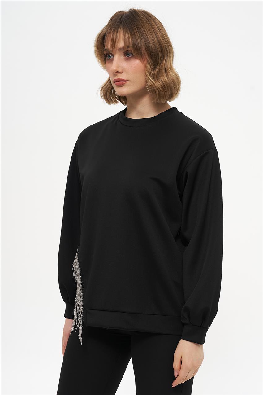 Yırtmaçlı Saçak Detaylı Siyah Sweatshirt