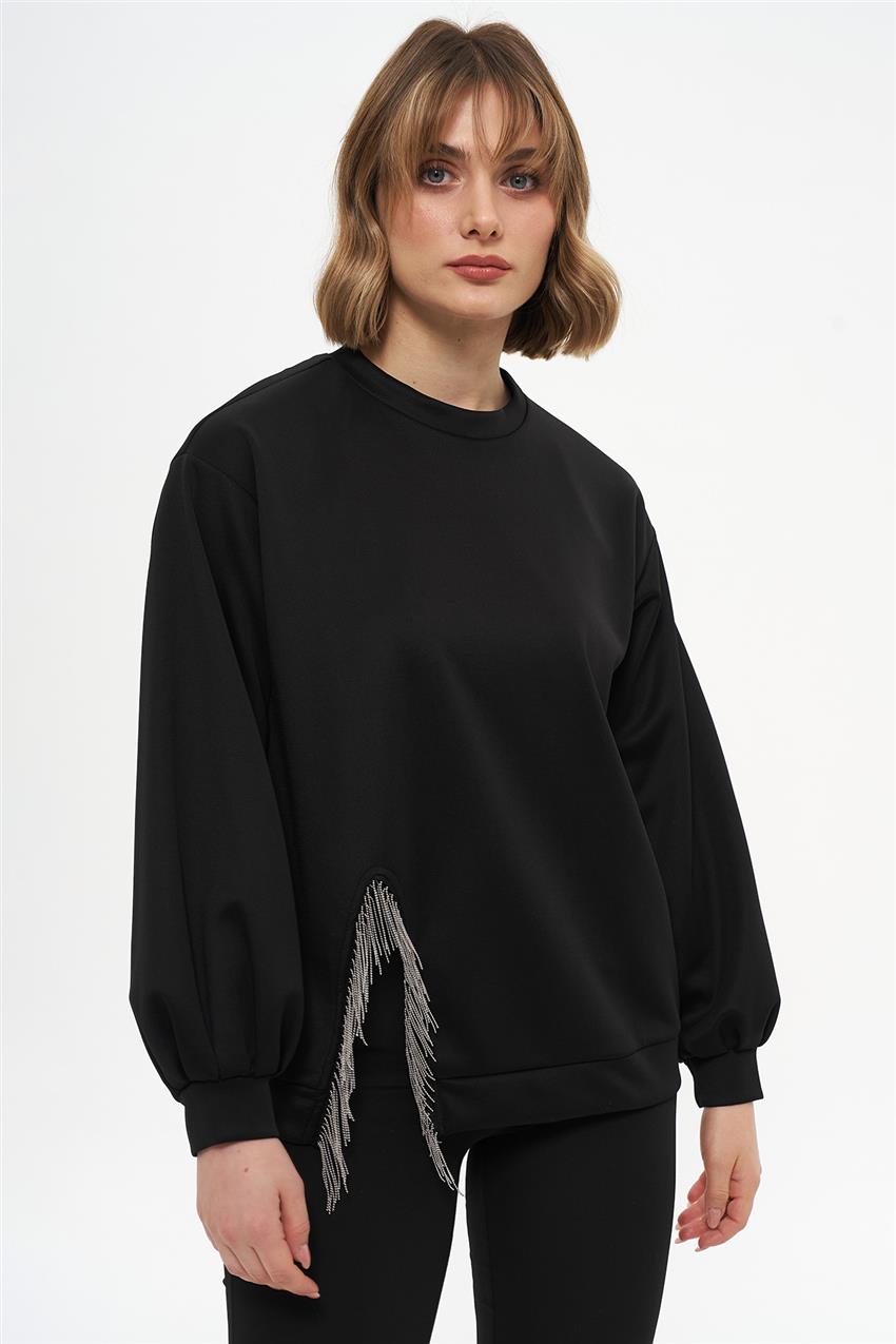 Yırtmaçlı Saçak Detaylı Siyah Sweatshirt