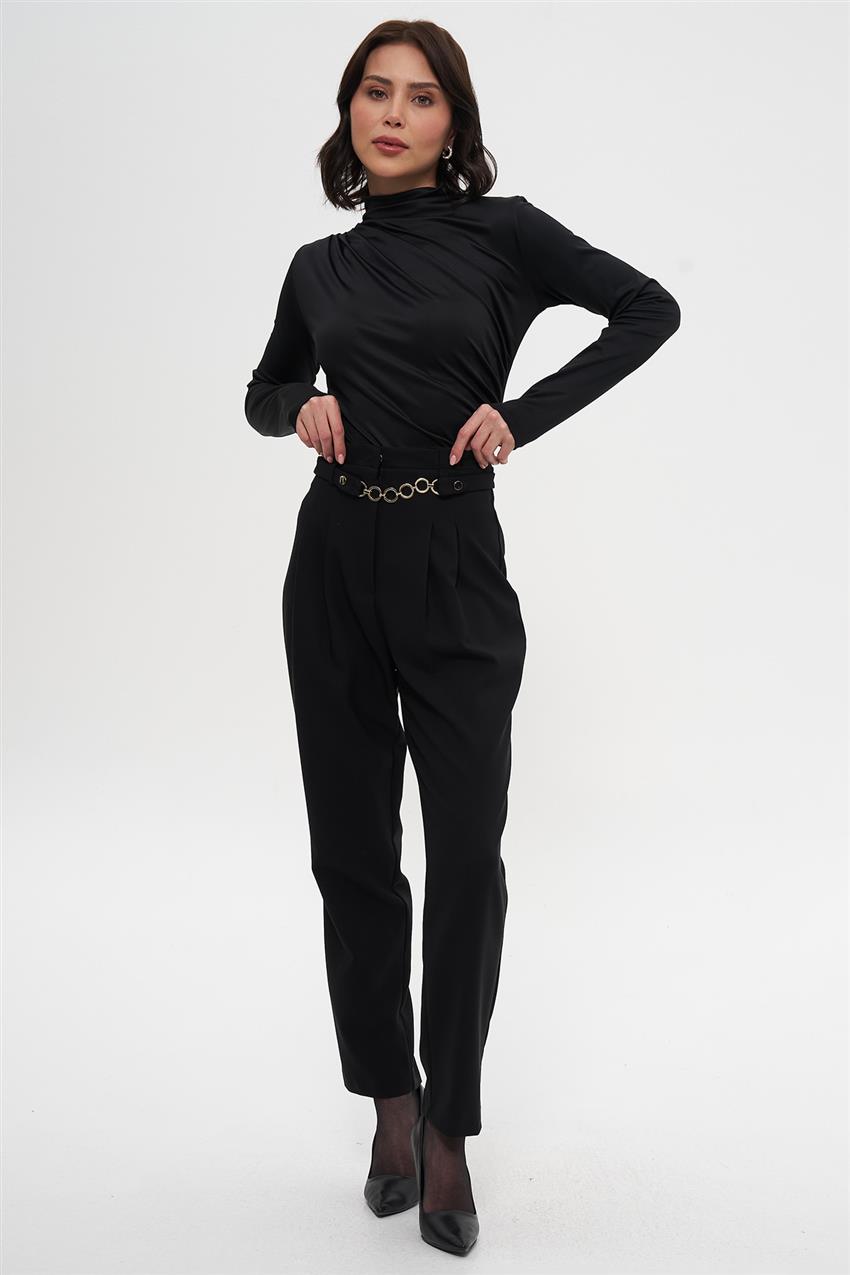 Yüksek Bel Zincir Formlu Pileli Siyah Pantolon