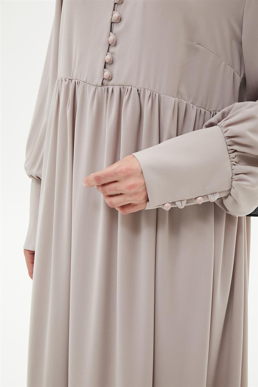 Elbise Yakası Ve Kolu İnci Düğmeli Beli Büzgülü-A.Vizon 330092-R028