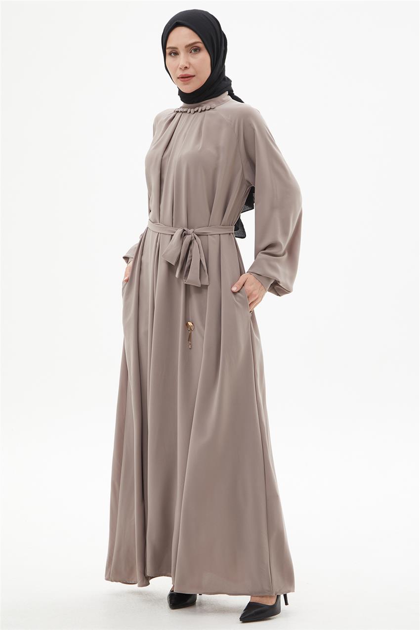 Elbise Reglan Kol Yakası Düğmeli Ve Pile Detaylı-Vizon 330113-R291
