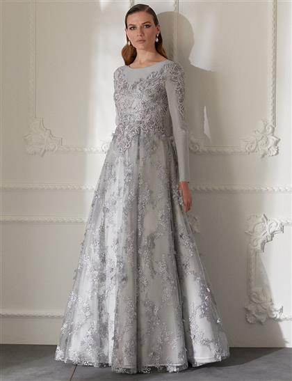 TIARA Embroidered Long Arm Evening Dresses Gray B20 26139
