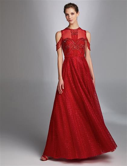 TIARA Silvery Jacquard Long Evening Dress Lal Red Red B9 26051