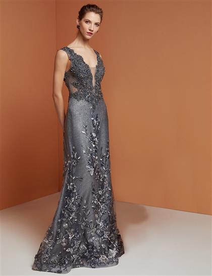 TIARA Embroidery Embroidered Deep V-Neck Evening Dresses Blue Granite B9 26098