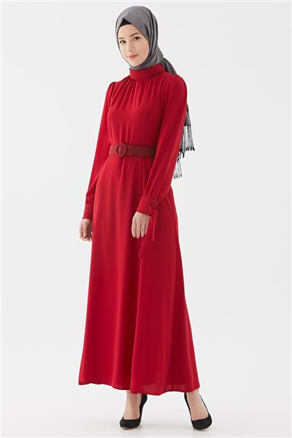 Kırmızı Dik Yaka Kemerli Elbise