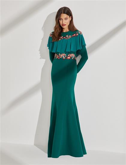 TIARA Flower Embroidered Farbale Long Sleeve Evening Dress Emerald B8 26025