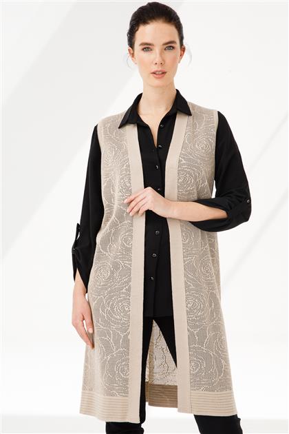 Floral Patterned Long Knitwear Vest Mink 2803-Avz-M