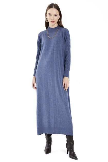 Zühre half turtleneck and arm mesh detailed long indigo knitwear dress e-0296 z21kbe-0096elb1001-R1100