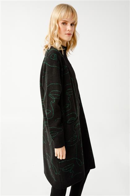 Abstract face patterned knitwear cardigan-black - green 2867-sye-l