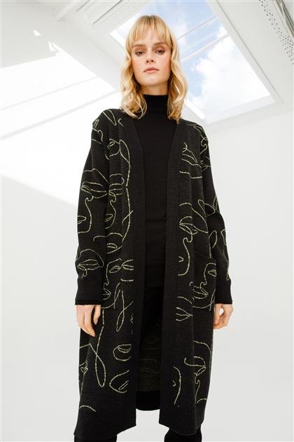 Abstract face patterned knitwear cardigan-black - Çağla 2867-SCA-L