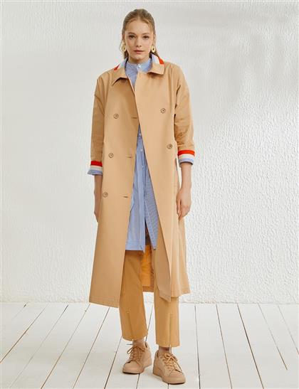 Colorful ribbon detailed breasted trench coat beige