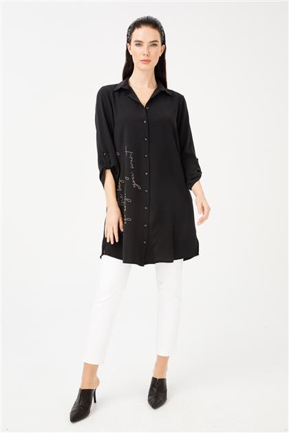 Front stone detailed long shirt-black 3875-syh-m
