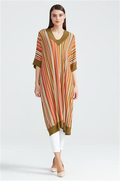 Striped Knitwear Jumpers Tunic Khaki- Oranj Ajy.8208.01