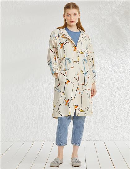 Hooded abstract pattern trench coat cream