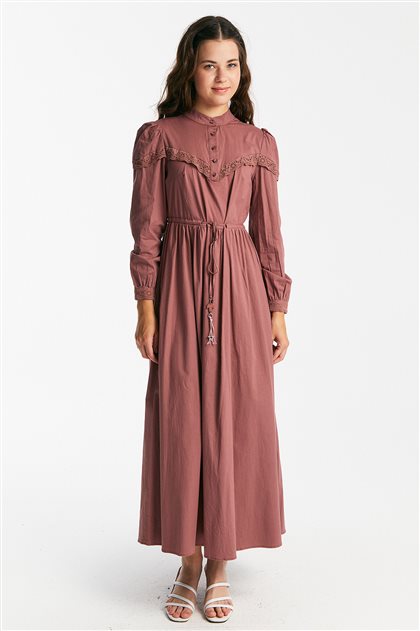 Belden Büzgülü Güpür Detaylı Elbise-Gül Kurusu 70029-53