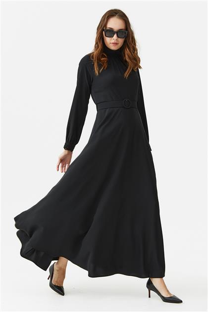 Nakışlı Pileli Dik Yakalı Siyah Elbise