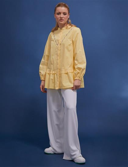 Eteği Fırfırlı İşlemeli Açık Sarı Bluz