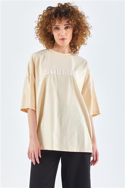 Yazı İşlemeli Krem Oversize T-Shirt