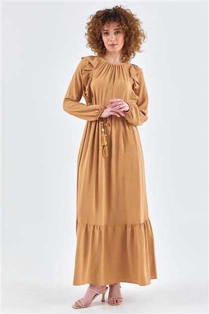Püskül Kemerli Fırfırlı Camel Elbise