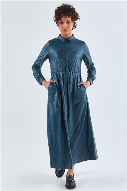 Deri Görünümlü Petrol Elbise