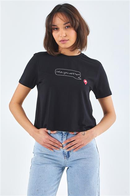 Yazı İşlemeli Siyah Crop T-shirt 