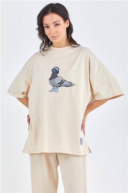 Kuş İşlemeli Bol Kesim Krem T-Shirt