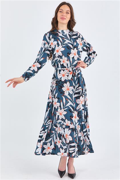 Yaprak Desen Seyyar Kuşaklı Antrasit Elbise