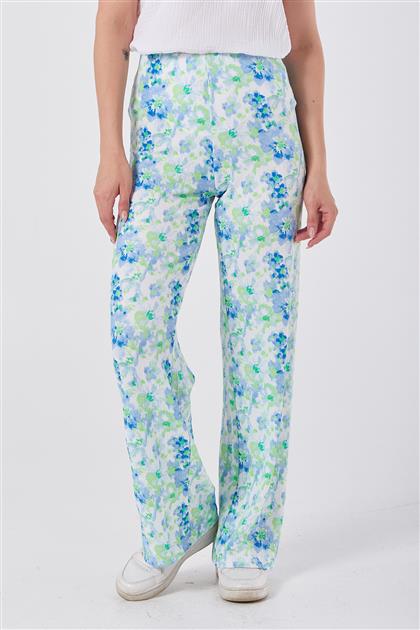Çiçek Desenli Düz Kesim Mavi-Yeşil Pantolon