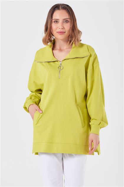 Dik Yaka Yarım Fermuarlı Fıstık Yeşili Sweatshirt