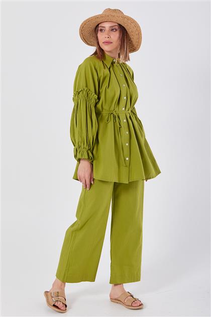 Balon Kol Yağ Yeşili Gömlek-Pantolon Takım