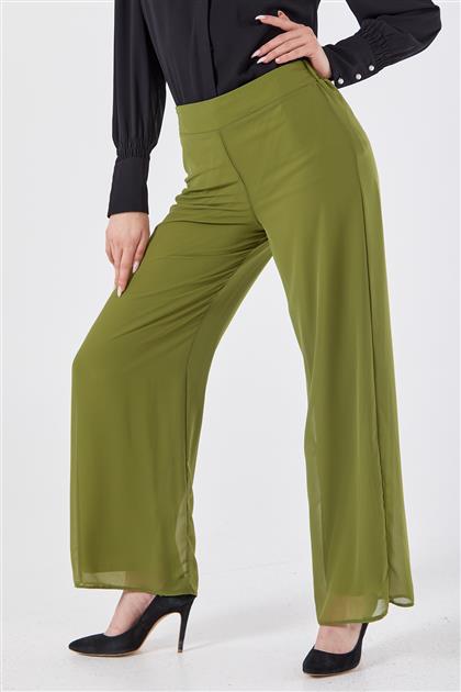 Çift Katmanlı Şifon Geniş Paça Yeşil Pantolon