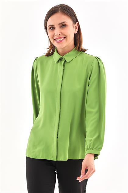 Düğme Kapamalı Basic Yeşil Bluz