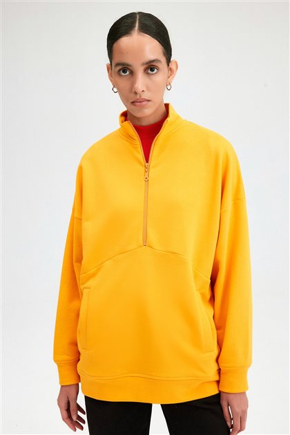 Dik Yaka Fermuar Detaylı Sarı Sweatshirt