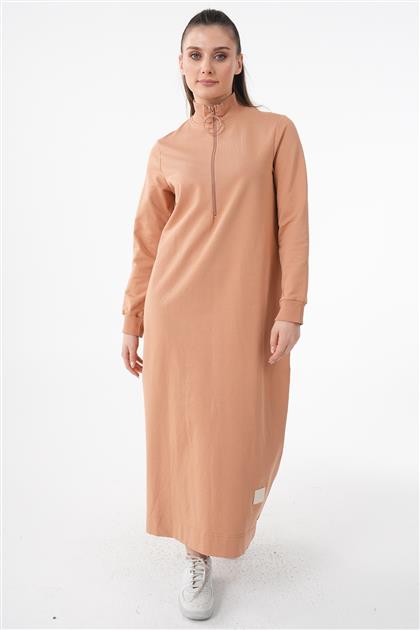 Ribanalı Fermuarlı Camel Elbise