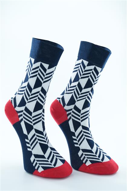 Karışık Desenli Uzun Çorap-Lacivert Beyaz 4319-301