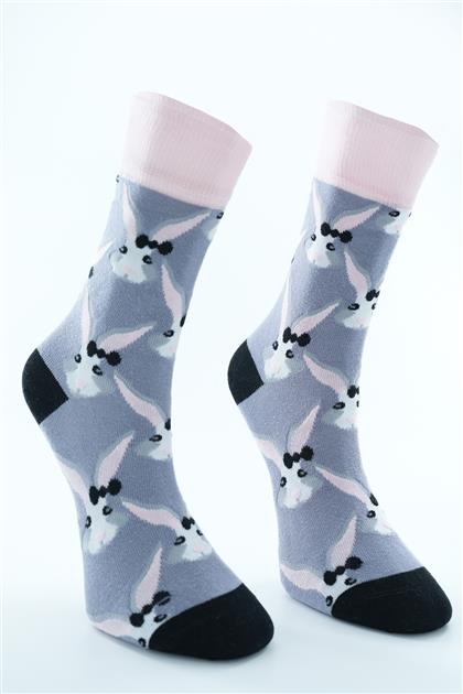 Tavşan Desenli Soket Çorap-Gri 4997-04