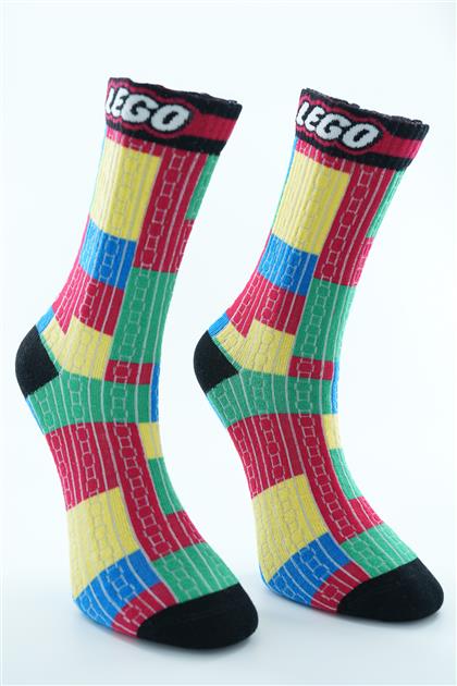 Zincir Detaylı Renkli Kareli Çorap-Karma 12219-284