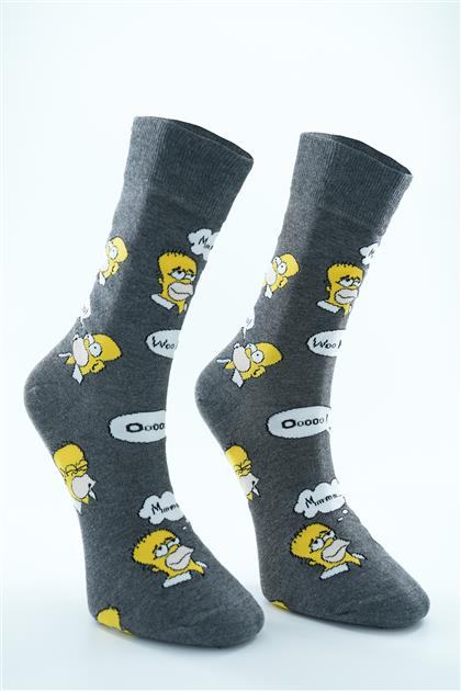 Homer Simpson Desenli Soket Çorap-Gri 0908-04