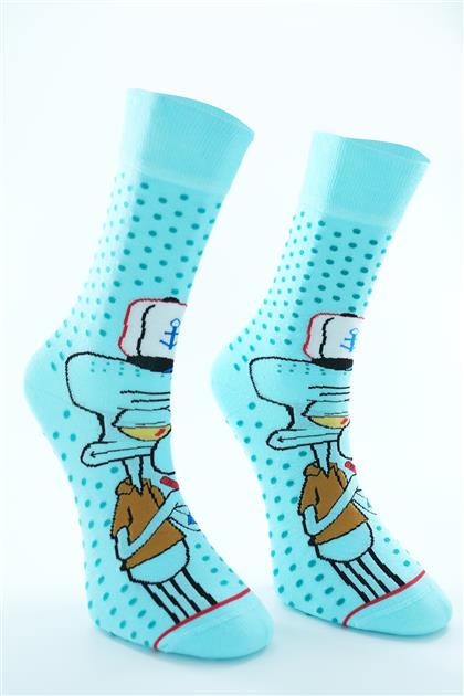 Squidward Desenli Uzun Çorap-Mint 9558-24